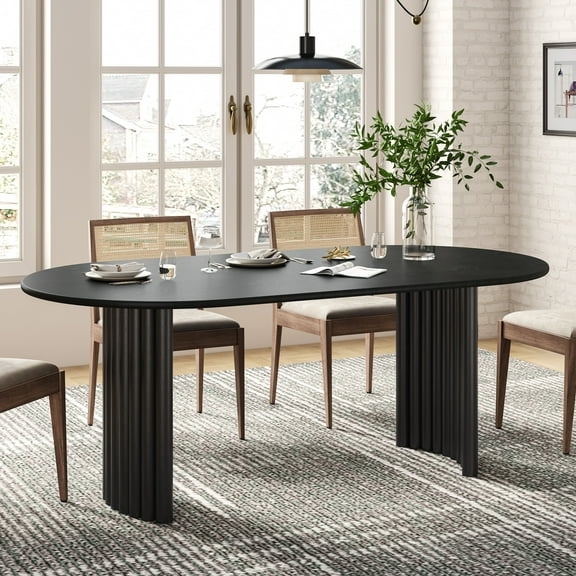 MAYEERTY Modern 67*33.5*30" Oval Black Dining Table with Arc - shaped Fine - Striped Legs, Seats 6
