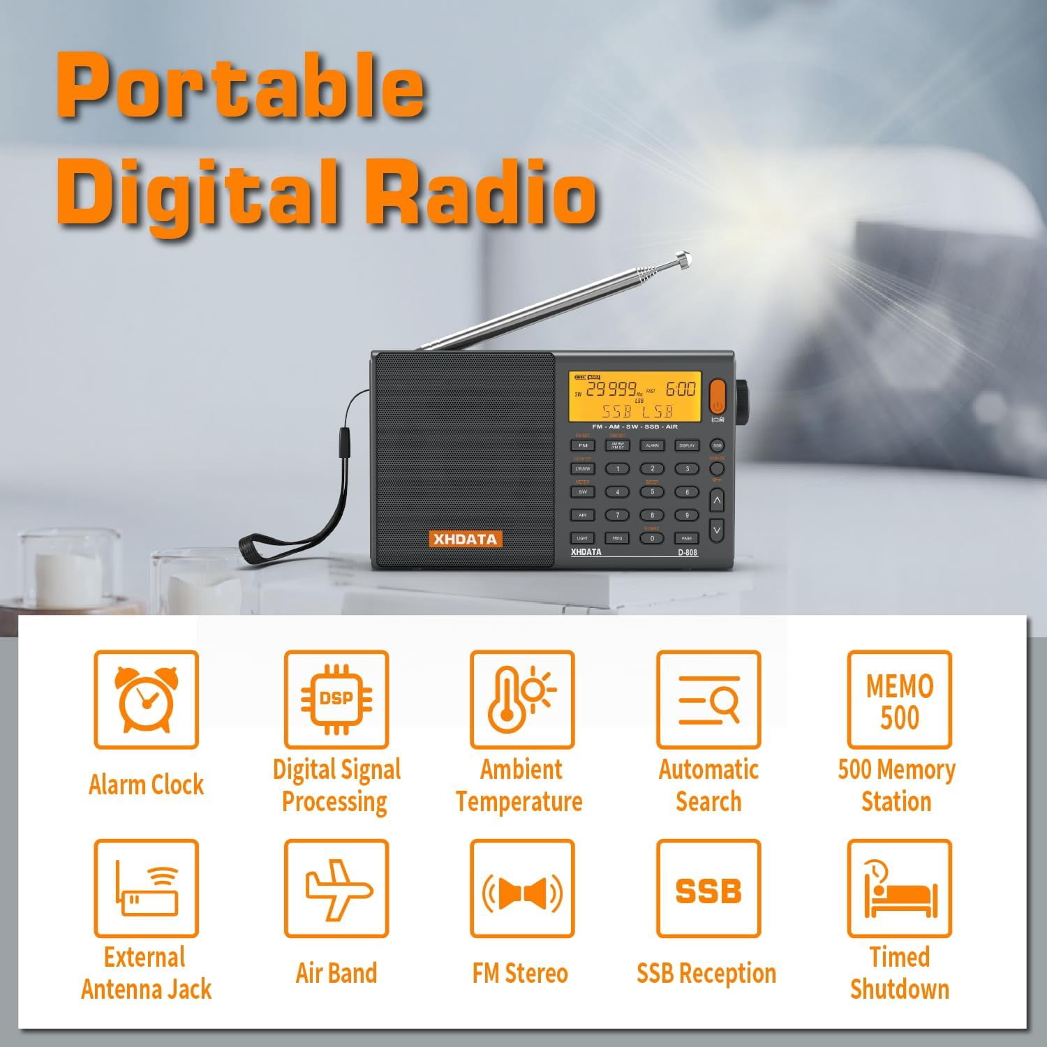 XHDATA D-808 DSP Battery USB Port Portable Shortwave Radio with Antenna, Stereo Alarm Clock Radio with Battery Backup Shortwave Radio Receiver Small Radio Weather Radio AM FM SW LW Air Band SSB