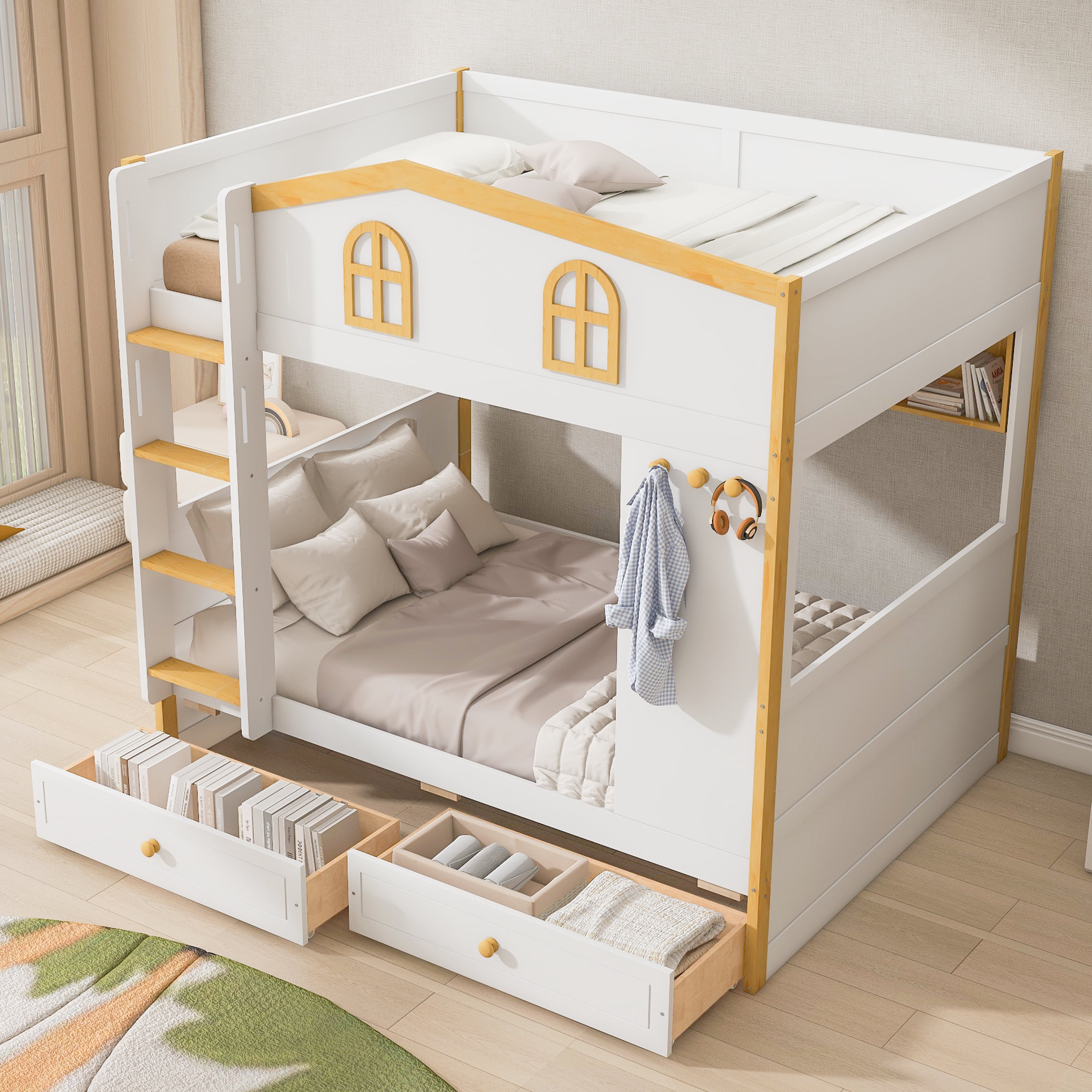 Euroco Wood Twin over Twin Bunk Bed with Shelves and Drawers, House Bed with Guardrails, White