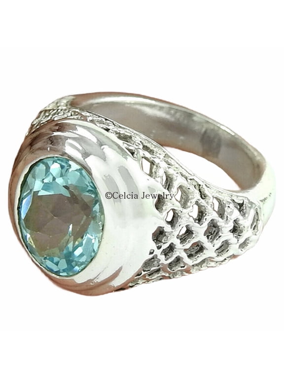 Natural Blue Topaz Gemstone Ring, Solid 925 Sterling Silver, Statement Ring, Blue Stone Awesome Ring, Couples Gifts, SpiritualGifts, Unique Mens Gifts, November Birthstone (blue-topaz, 7)