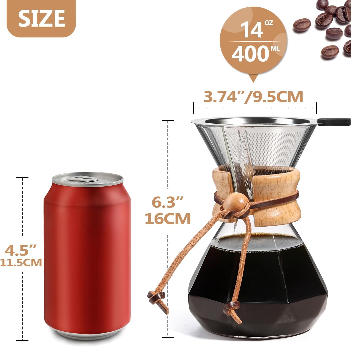 Pour Over Coffee Maker 14 OZ, 4 Cup Borosilicate Glass Drip Coffee Maker with Reusable Stainless Steel Filter and Cork Grip for Home Café 400 ML (Diamond Shape)
