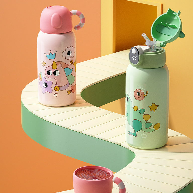 Kids Stainless Steel Straw Thermos Cup Temperature LED Display Thermos  Water Bottle Cartoon Cute Leak Proof Mug Children Gift Pink Digital Display  