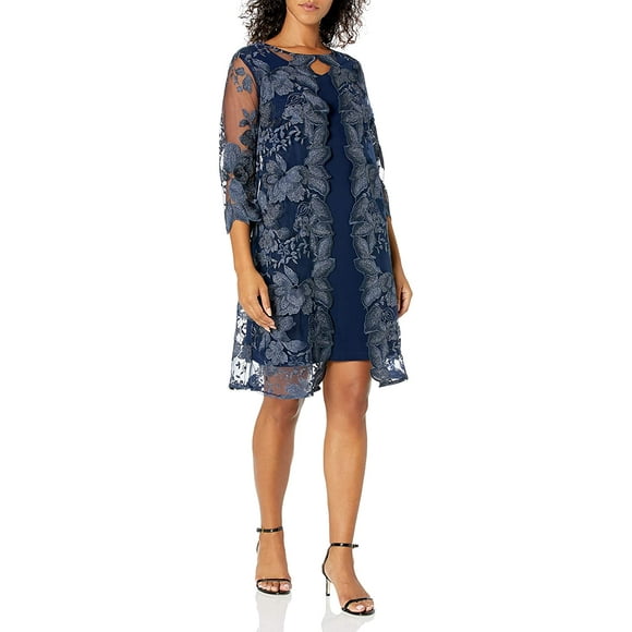 Alex Evenings Short Embroidered Elongated Mock Jacket Dress Navy 8