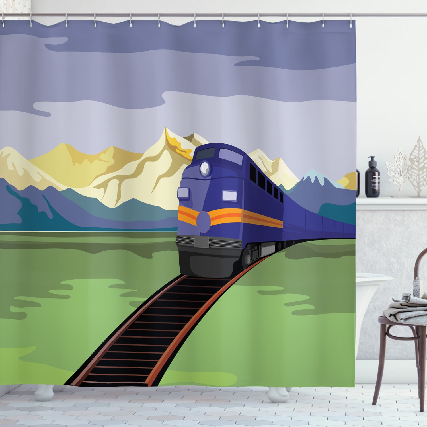 Railroad Shower Curtain, Countryside Scene with Mountains and Train