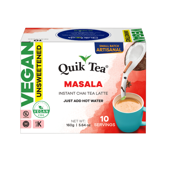 QuikTea Instant Unsweetened Vegan Masala Chai Tea Latte – 10 Count, Warm and soothing Masala Flavor, low Caffeine, no artificial colors, flavors or preservatives  – Just Add Hot Water, non-GMO
