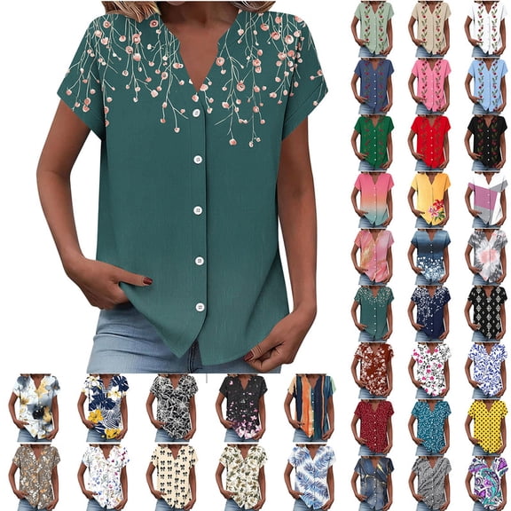 Smsaxvxz Summer Tops for Women Fashion Floral Printed V Neck Short Sleeve Button Down Shirts Casual Loose Blouse Green 01 L
