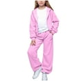 thumbnail image 2 of Dakiuu Girls Pants Set 3 Pieces Short Sleeve Tee Shirt Full Zip up Fleece Hoodie and Wide Straight Leg Jogger Sweatpants for Kids All Season Cute Matching Clothes Sweatsuit Set Pink 8-9 Years (8Y), 2 of 4
