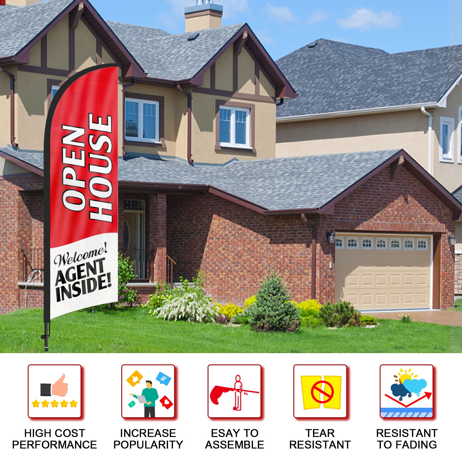 QSUM Open House Feather Flag with Flag Pole Kit and Ground Spike, 7FT Open House Windless Flag Banner Sign Business for Welcome Agent Inside Outdoor Advertising Sign Decoration Display（Red）