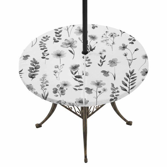 Round Outdoor Tablecloth with Umbrella Hole and Zipper, Grey Spring Floral Tablecloth with Elastic Waterproof, Flowers Botanical Elegant Pastoral Patio Table Covers for 36" - 44" Picnic Pool Tables