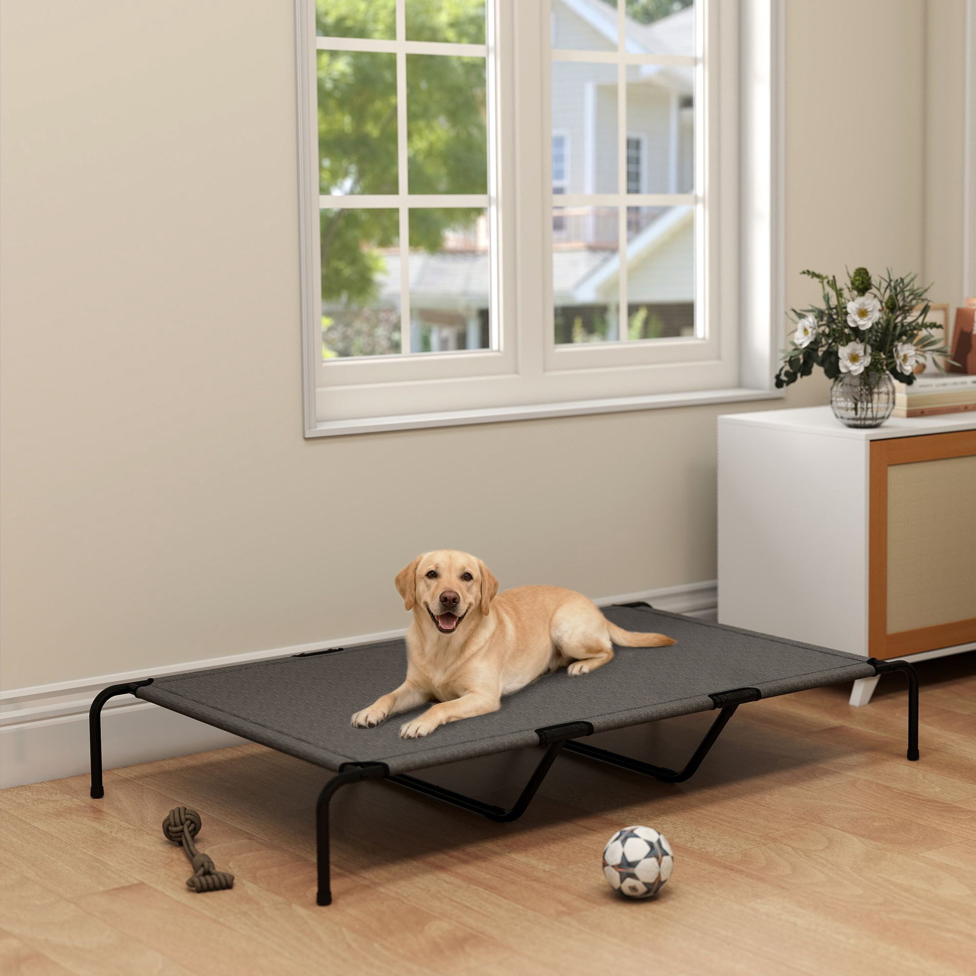 Elevated Dog Bed for Large Breeds 60" Raised Pet Cot with Breathable Teslin Mesh 149 LBS Capacity Indoor Outdoor Cooling Dog Bed Gray