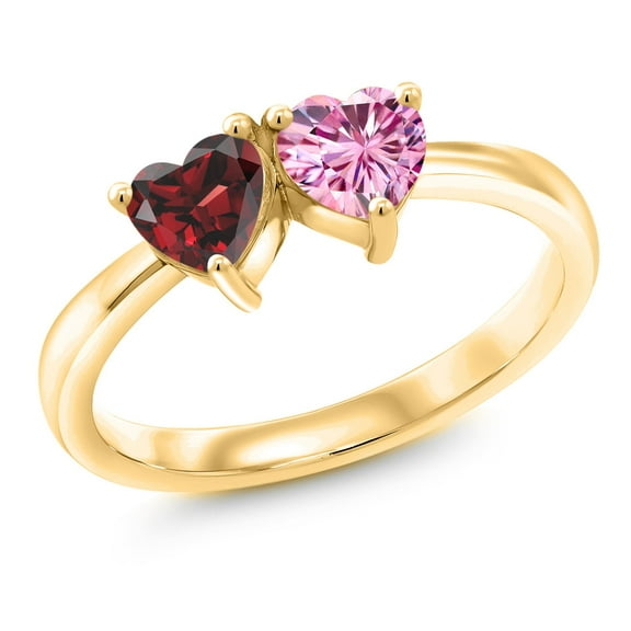 Gem Stone King 18K Yellow Gold Plated Silver Fashion Right-Hand Ring Heart Shape Red Garnet and Vivid Pink Moissanite (1.10 Cttw, Size 7)