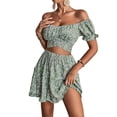 thumbnail image 2 of Women's 2 Piece Outfits Floral Off Shoulder Tie Up Crop Top & Ruffle Trim Mini Skater Skirt Set Puff Short Sleeve Elastic Waist Summer Casual Sexy Outfit for Beach Vacation Party and Dating, 2 of 6