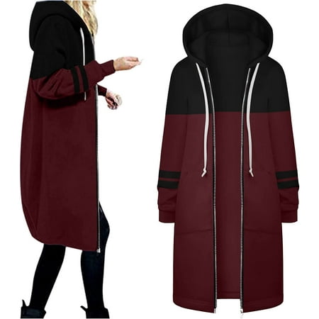

Womens Hoodies Coat with Pockets Fall Winter Warm Drawstring Zipper Open Thin Hooded Jackets Long Cardigans Tops Outwear