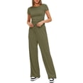 thumbnail image 5 of Two Piece Sets for Women Summer Casual Outfit Sets Solid Color Button Down Round Neck Short Sleeve Tops and Drawstring Wide Leg Pants with Pocket Sets Relaxed Vacation Wear, 5 of 8