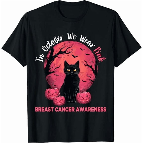 In October We Wear T shirt pink black cat print graphic T-shirt, anti breast cancer Halloween T-shirt for men and women