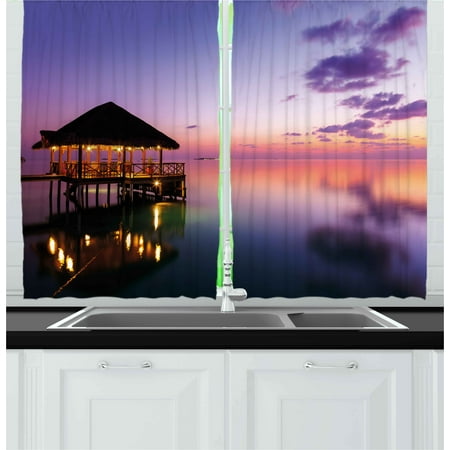 Exquisite Bedroom - Tropical Curtains 2 Panels Set, Arbor on Sea at Dramatic Night Paradise Maldives Sky Exquisite Coast View Art Print, Window Drapes for Living Room Bedroom, 55W X 39L Inches, Purple, by Ambesonne