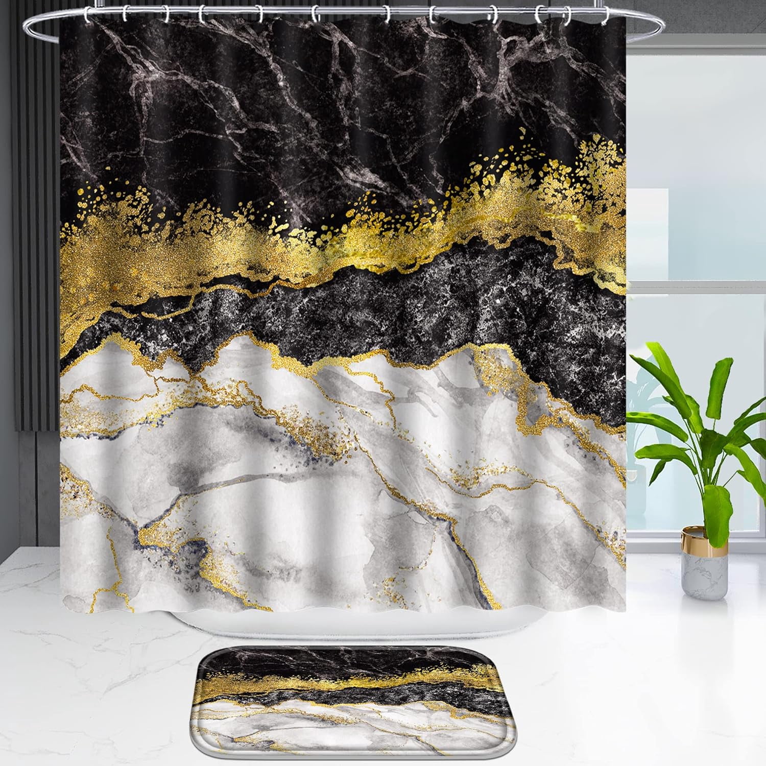 FRAMICS Black Gold Marble Shower Curtain Sets with Rugs, 16 Pc Modern Abstract Bathroom Sets, Waterproof Fabric Bathroom Curtain Decor with Hooks