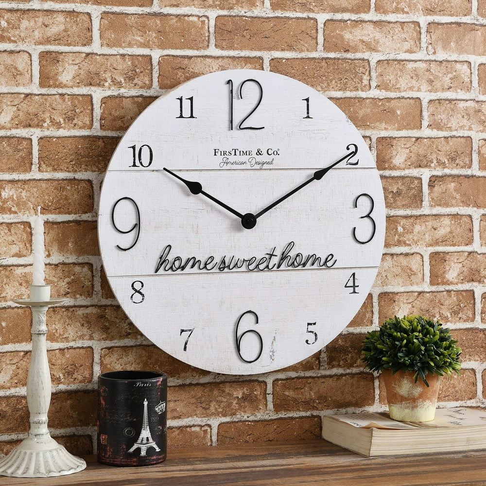 FirsTime Home Sweet Home Wall Clock, Whitewashed Wood, 15.5 in