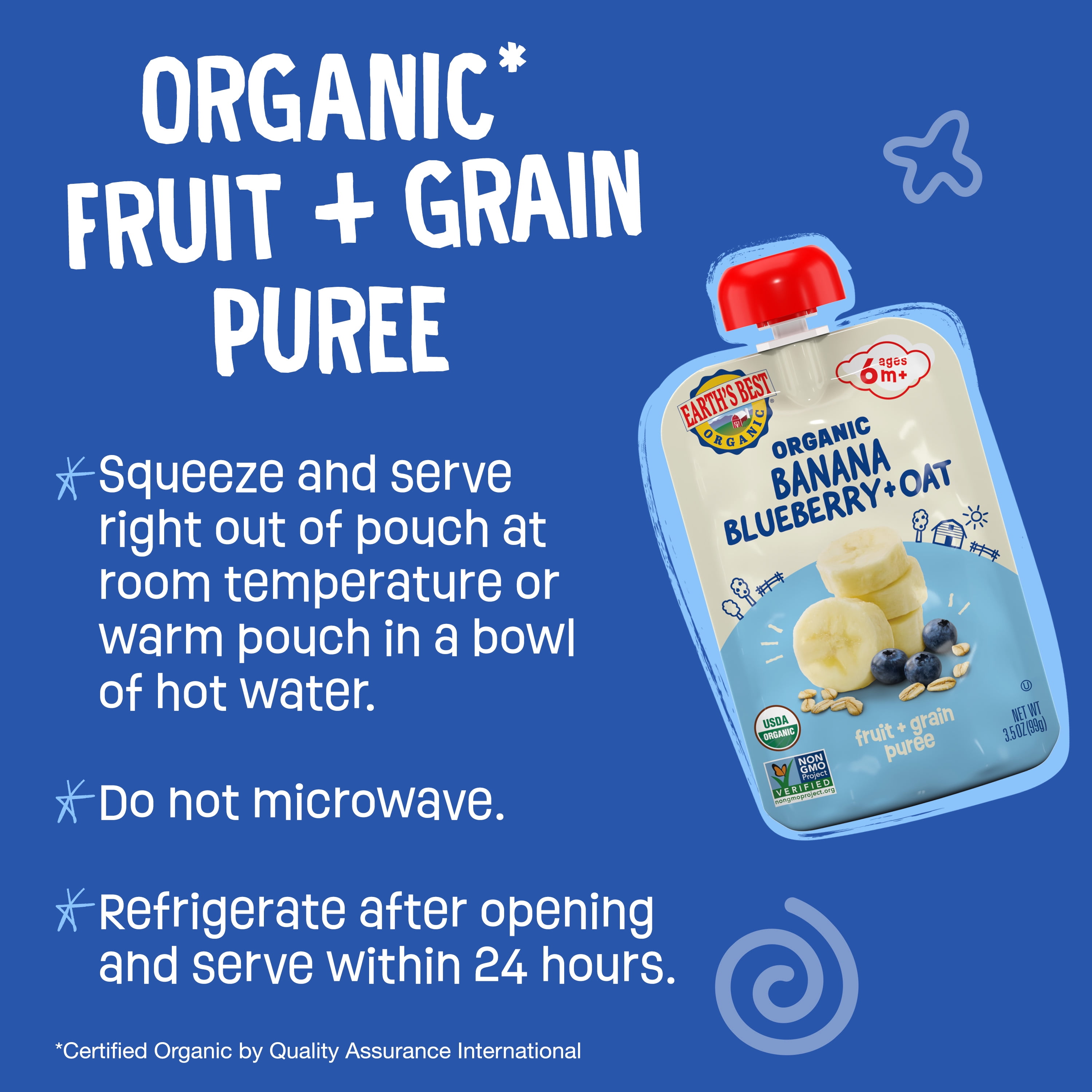 (12 pack) Earth's Best Organic Stage 2 Baby Food, Banana Blueberry Oat Fruit & Grain Puree, 3.5 oz Pouch