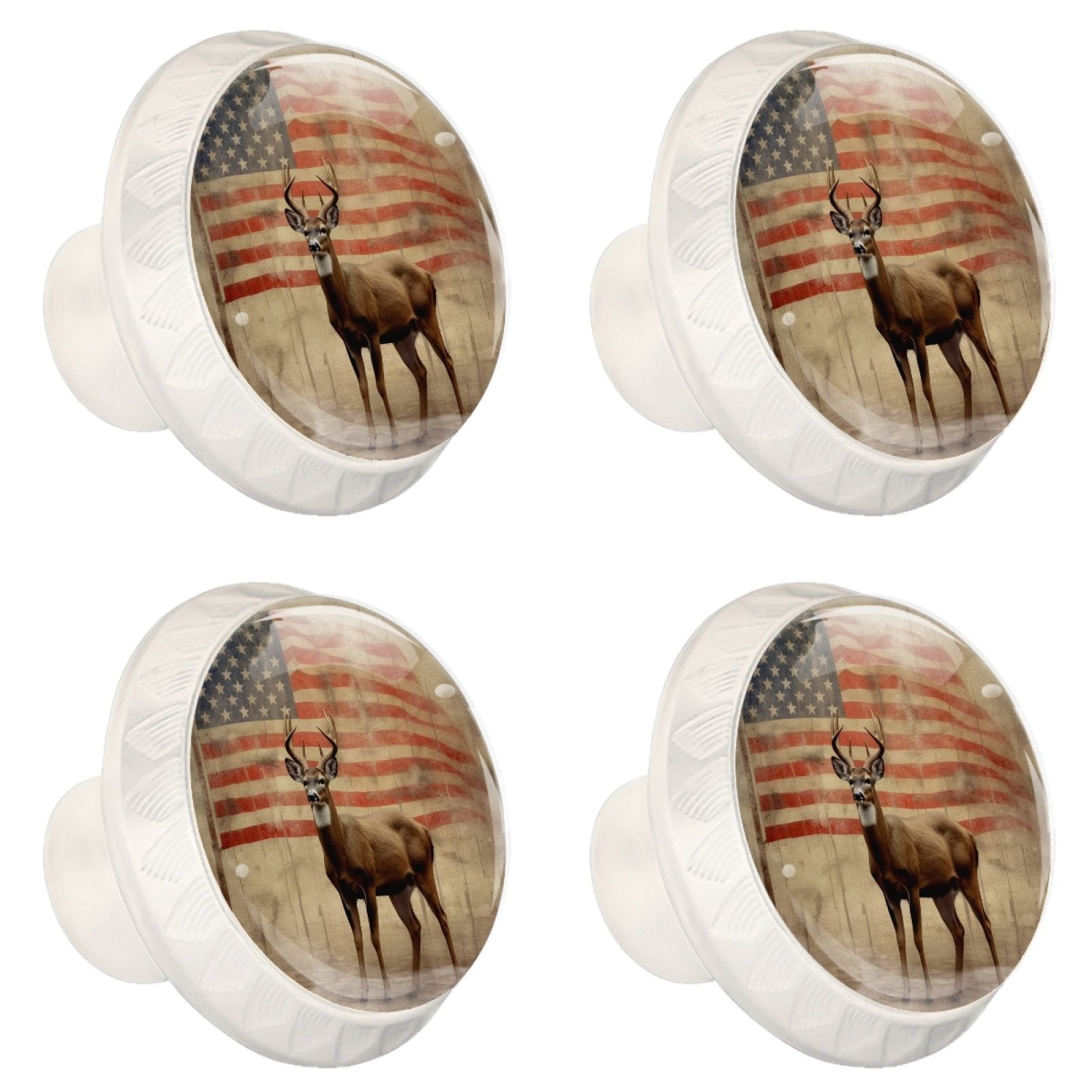 4 Pcs Deer and American Flag Knobs for Kitchen Cabinet Cupboard Dresser Bookcase Drawer Pulls Handles Round Home Decor