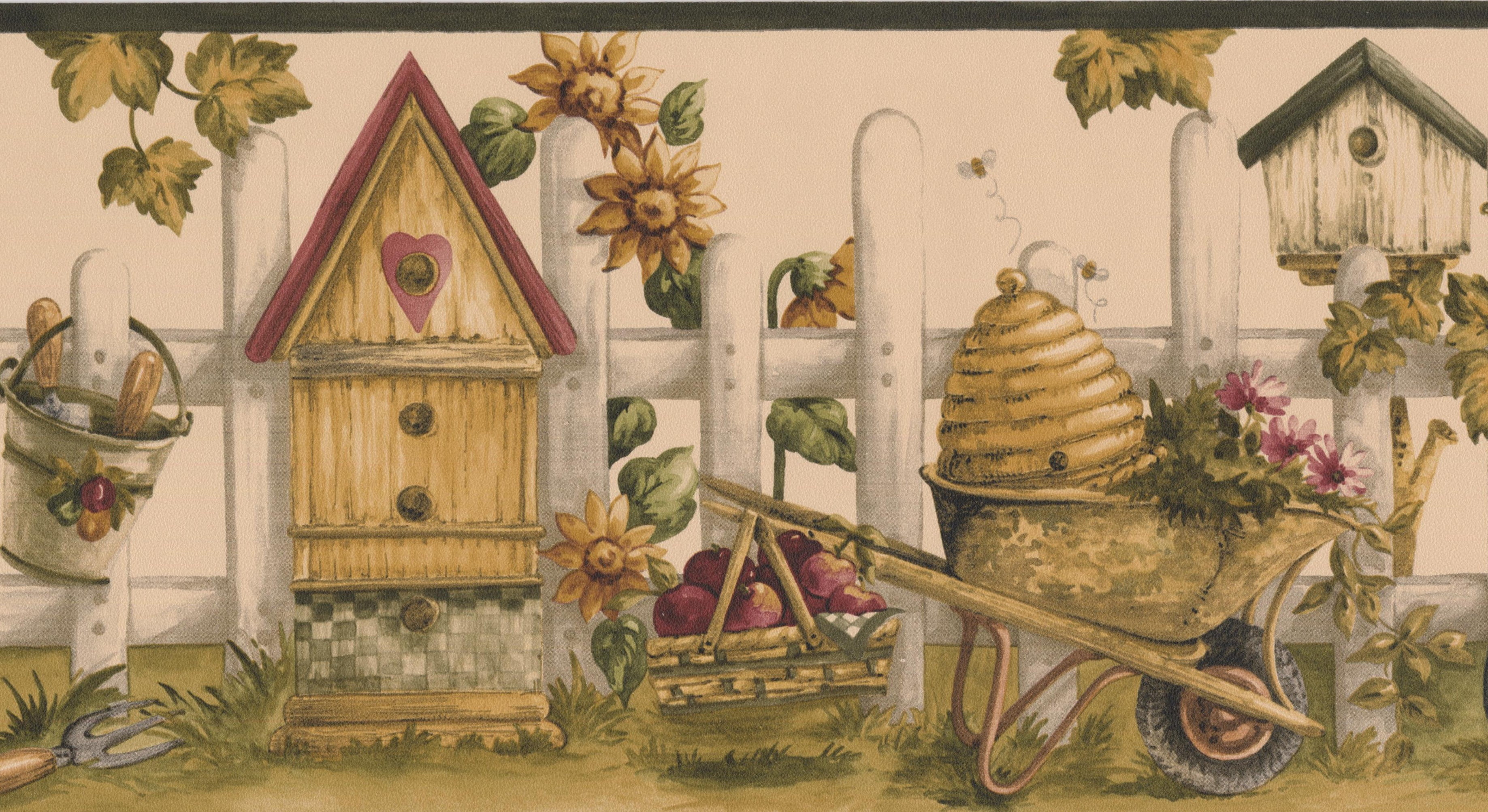 Size:7 by 5 yards Roll 15 X 7 Norwall Vintage Birdhouses Sunflowers Gardening Tools Picket Fence Coconut White Wallpaper Border Retro Design
