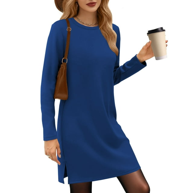UVN Vestidos para Mujer Otoño Invierno Manga Larga Cuello Redondo Casual Jersey Sudadera Vestido con Abertura Lateral