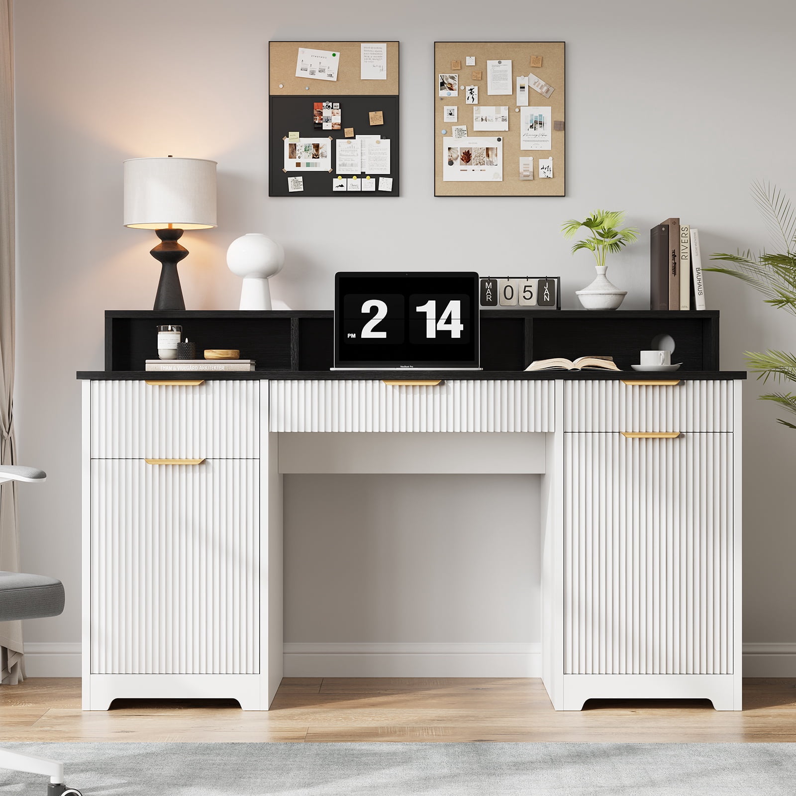 Feishominoo 59" Executive Computer Desk with File Cabinets and Storage Drawers, Modern Home Office Writing Desk with Power Outlets and Monitor Stand, White & Black