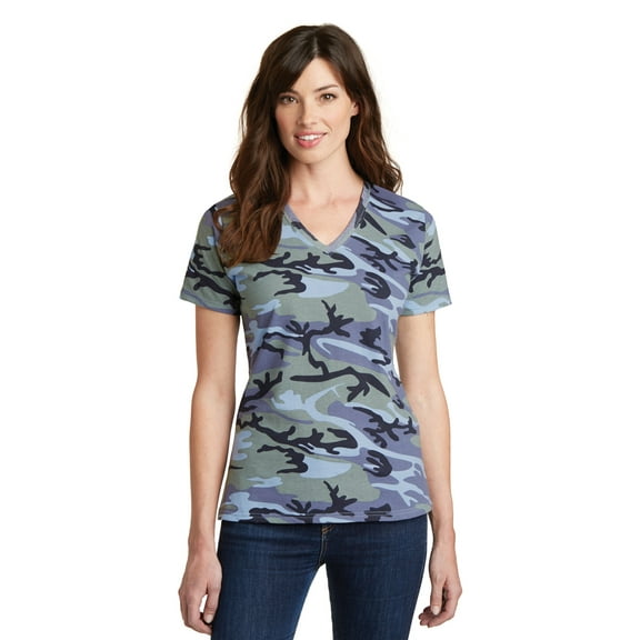 Port & Company Ladies Core Cotton Camo V-Neck Tee. Lpc54vc , LPC54VC , Woodland Blue Camo , Medium