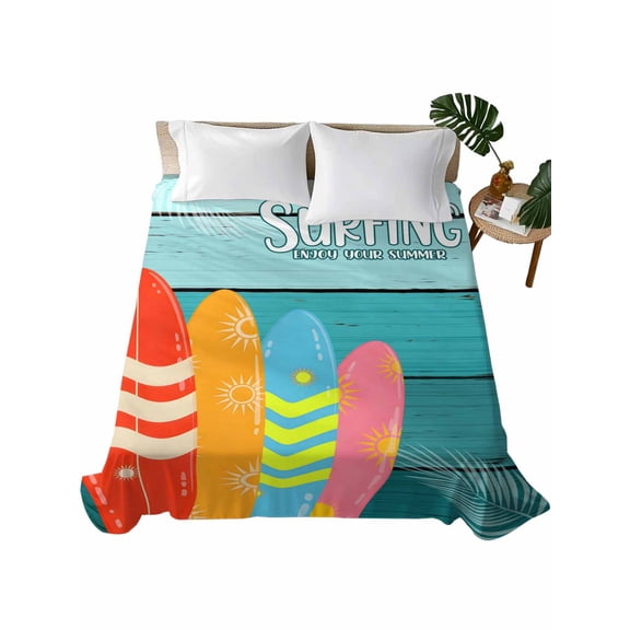 Queen Size Flat Sheet Only, Surfboard Soft Brushed Microfiber Bed Sheets, Summer Starfish Palm Leaf Wood Grain Blue Hotel Quality Breathable Bedding Top Sheet, Easy Care, 90"x102"