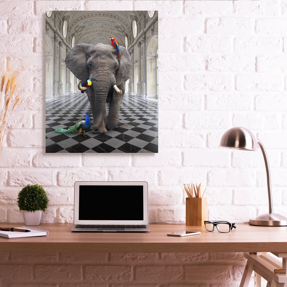 Stupell Industries Elephant and Tropical Birds Classical Architecture Design Canvas Wall Art Design by Ziwei Li, 36" x 48"