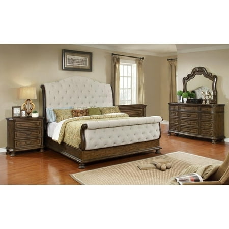 Best Master Furniture Weathered Oak Sleigh Upholstered 5 Pcs Bedroom Set, E.