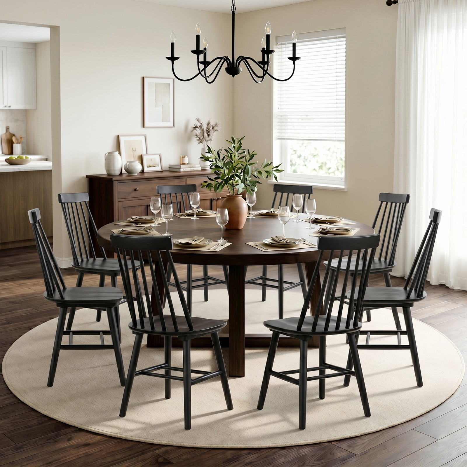 Windsor Dining Chairs Set of 8, Solid Wood Spindle Back Kitchen Side Chairs, Modern Farmhouse Armless Wooden Seating, Black