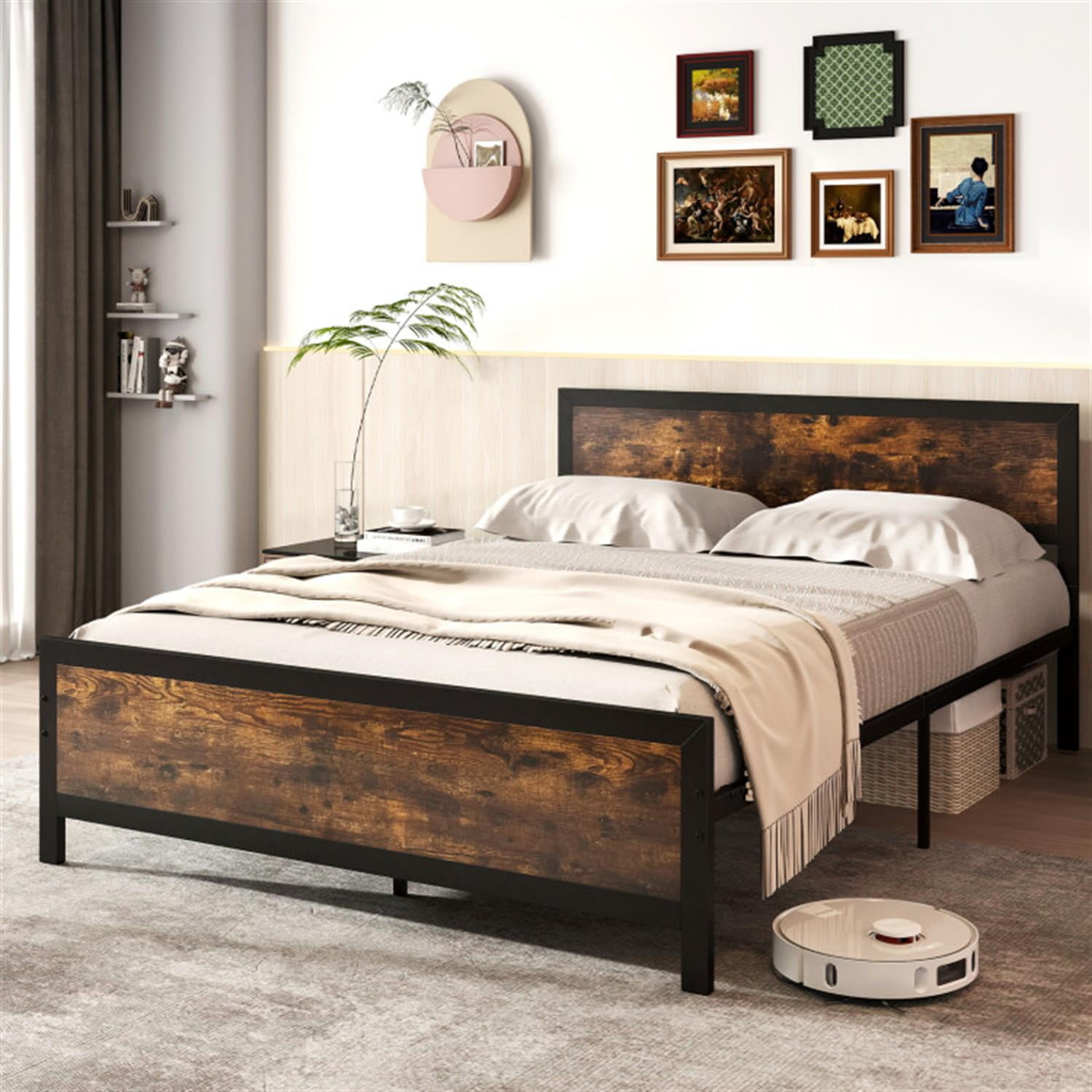 Demi Bonn Queen Size Bed Frame with Headboard and Footboard, Modern Metal Platform Bed Frame with Under Bed Storage, No Box Spring Needed, Brown