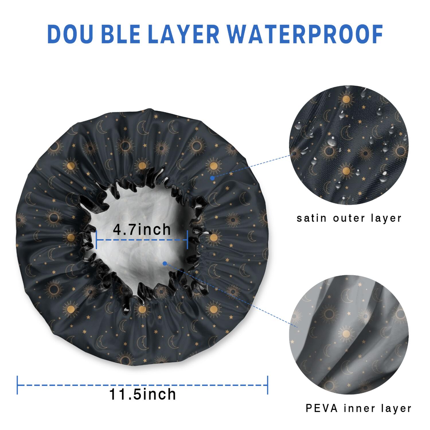 Shower Caps,Dark Blue Sun Moon Pattern Waterproof Shower Cap for Women 4 Pieces,Double Reusable Hair Cover for Shower PEVA Elastic Stretch Hem