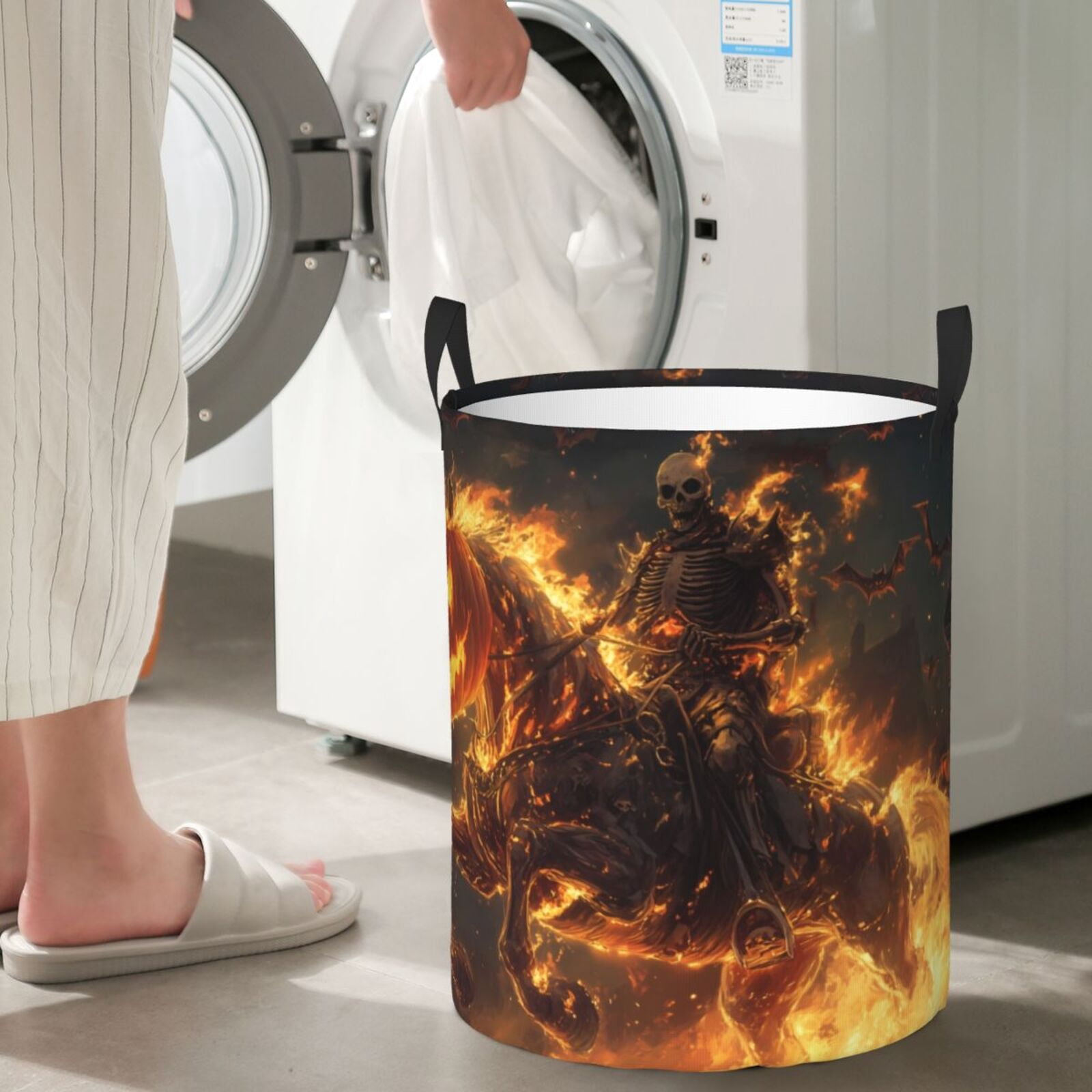 Large Laundry Basket with Handles - Halloween Flame Pumpkin Skeleton Knight B Kids Baby Dirty Clothes Laundry Hamper for Bedroom Aesthetic
