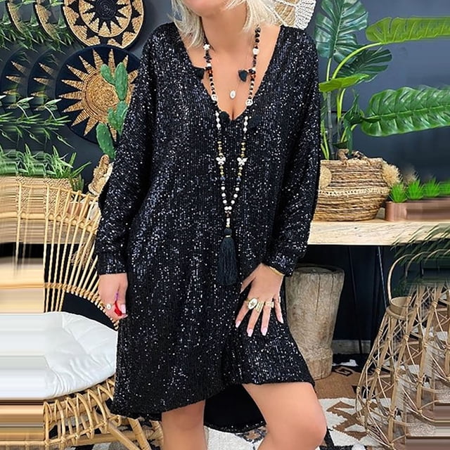 LSLJS Robe Longue à Manches Longues et Col en V à Sequins pour Femmes Grande Taille