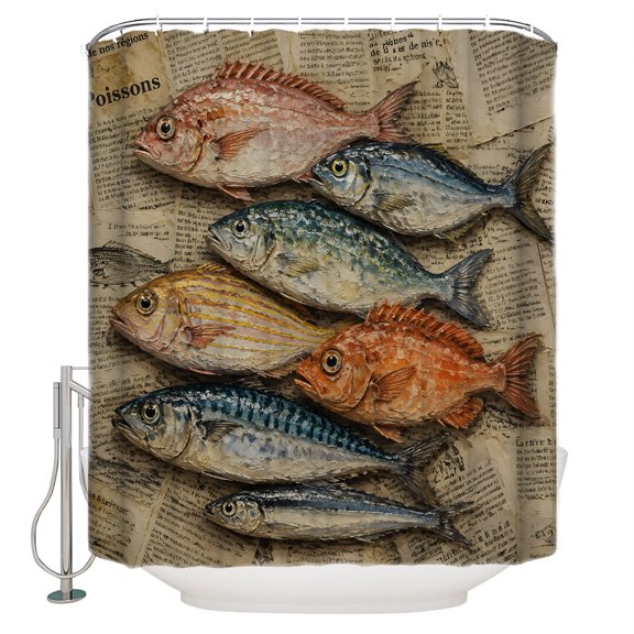 Coastal Nautical Bathroom Shower Curtains with 12 Hooks Polyester Waterproof Shower Curtain for Stalls and Bathtubs Summer Ocean Vintage Fishes Print Decorative Bathroom Privacy Curtain 54x78 Inches
