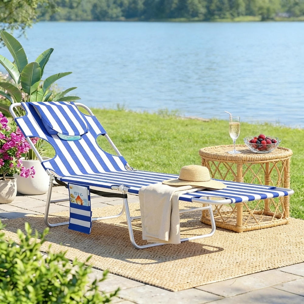 Outdoor Folding Sun Lounger 5-Position Adjustable Backrest Face Cavity & Arm Slots with Side Pocket Carry Strap Breathable Oxford Fabric Lounge Chair for Beach Pool Patio