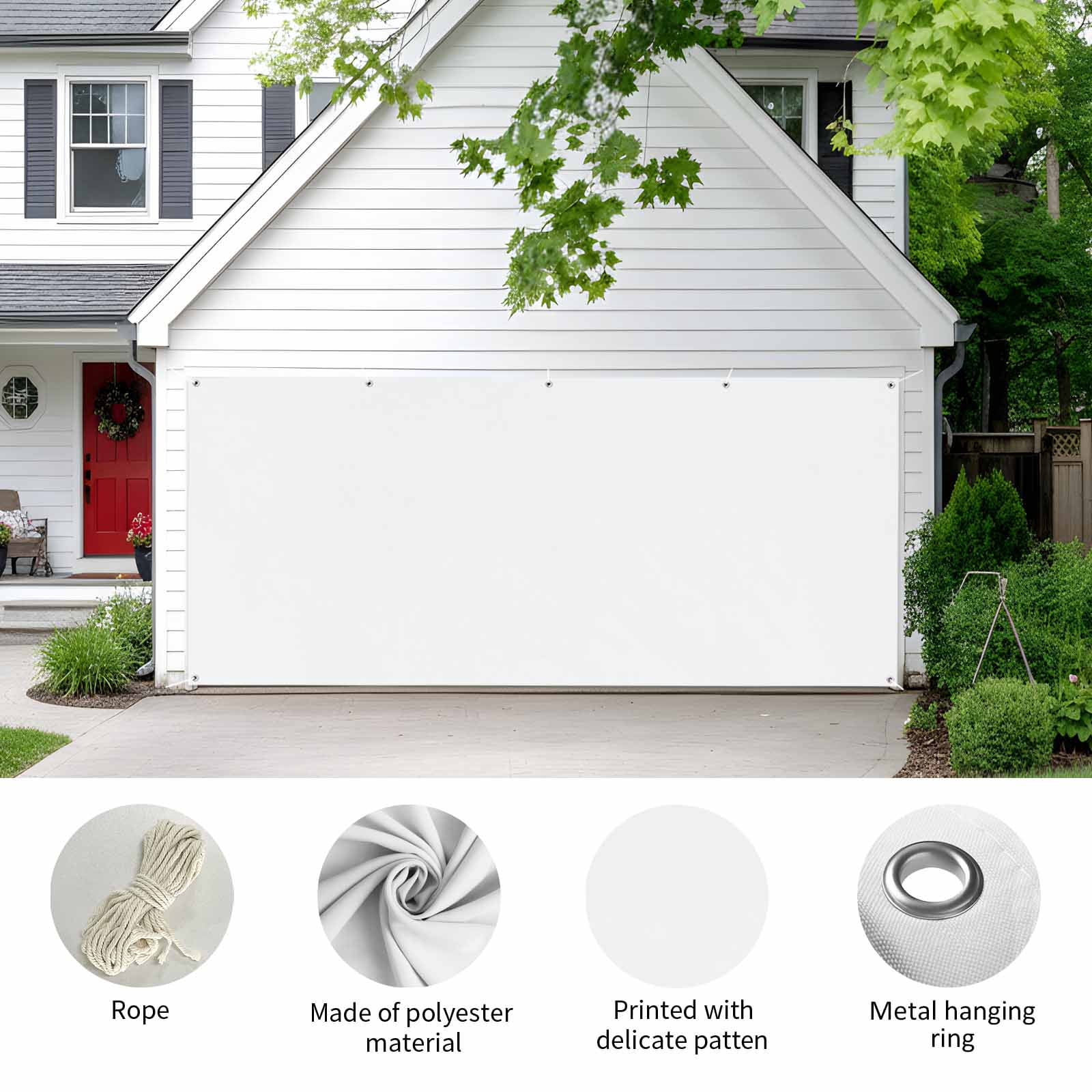 White Garage Door Cover Banner 7 x 8 FT, Modern Minimalist Pure Soild Color Garage Door Curtains Backdrop with Grommets for Indoor Outdoor Wall Party Porch Yard Decorations Background
