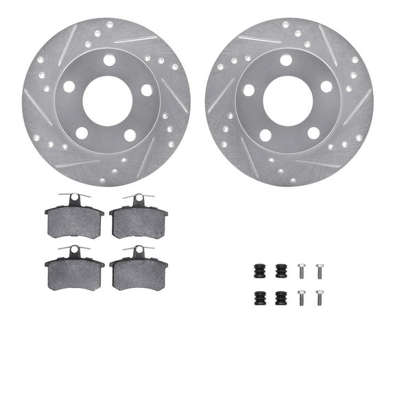 Dynamic Friction Company Rear Brake Rotors-Drilled and Slotted-Silver with 5000 Euro Ceramic Brake Pads includes Hardware 7612-73004