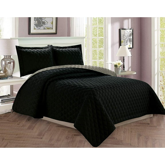 3-Piece Bedspread Coverlet Quilted Set with Shams - Full/Queen, Black/Gray