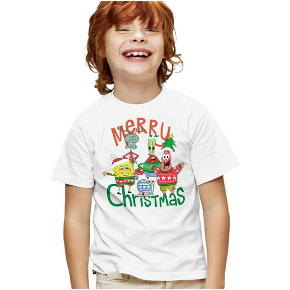SpongeBob Merry Christmas Group Kids T Shirt for Youth Boys and Girls, White, Medium
