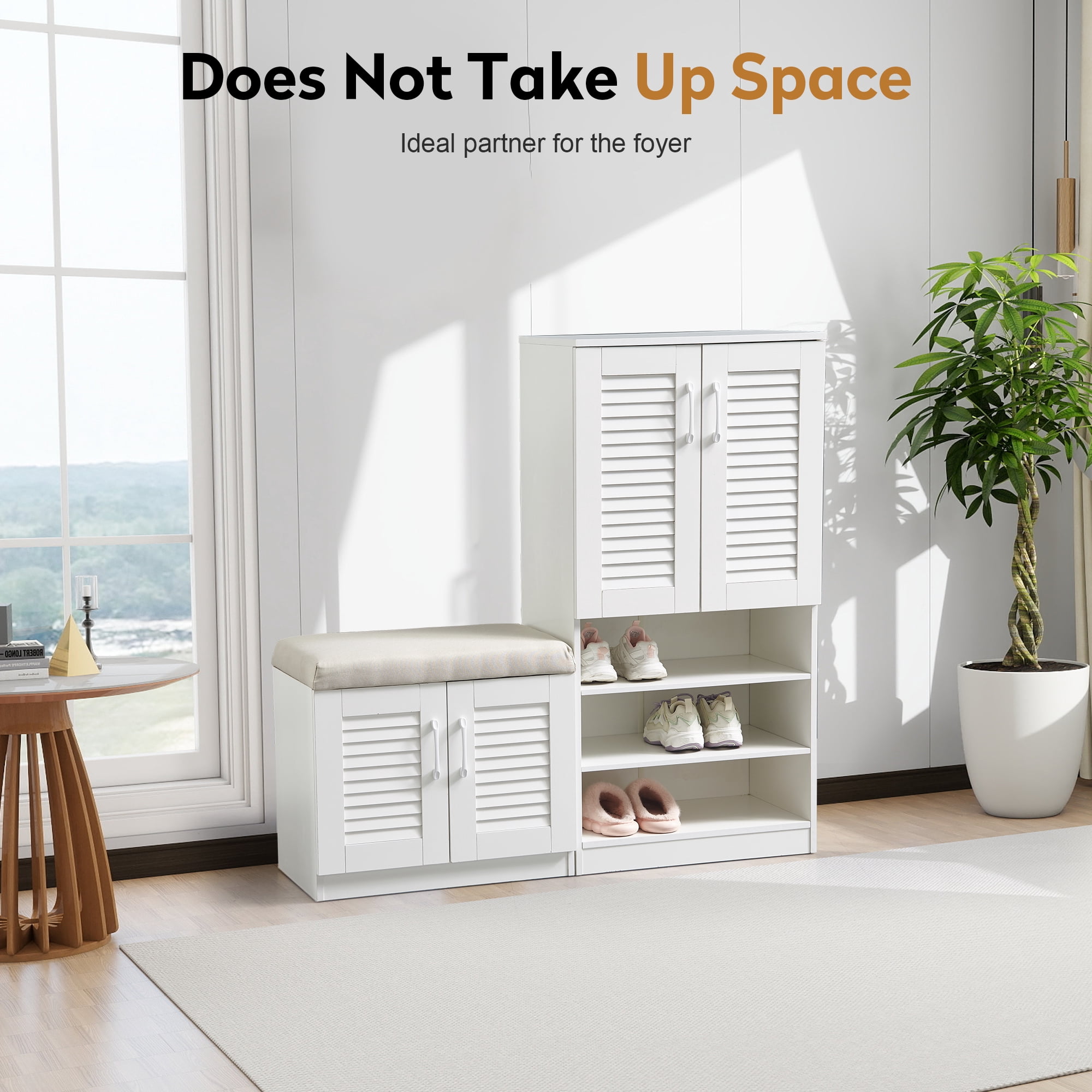 Aukfa Shoe Storage Cabinet with Cushion Bench, Shoe Bench Freestanding Shoe Rack for Mudroom, Hallway,White