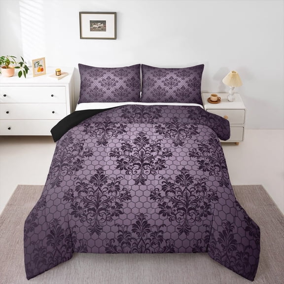 Erosebridal Victorian Damask Flower Bedding Twin Comforter Set,Geometry Hexagon Down Comforter,Gothic Theme Bedding Sets Twin with Comforter,Ultra Soft Bedroom Decorative Reversible,2 Pieces