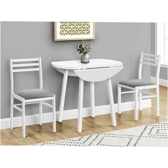 JERFIT 3-Piece White Drop Leaf Dining Table Set with 2 Ladder-Back Chairs, Small Space Kitchen Table with Grey Fabric Upholstery