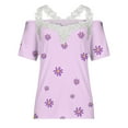 thumbnail image 4 of Summer Saving Wycnly Womens Tops Daisy Print Short Sleeve V-Neck Tee Shirts Summer Sexy Lace Trim Cold Shoulder Strap Tunic Blouse Purple L Clothes, 4 of 5
