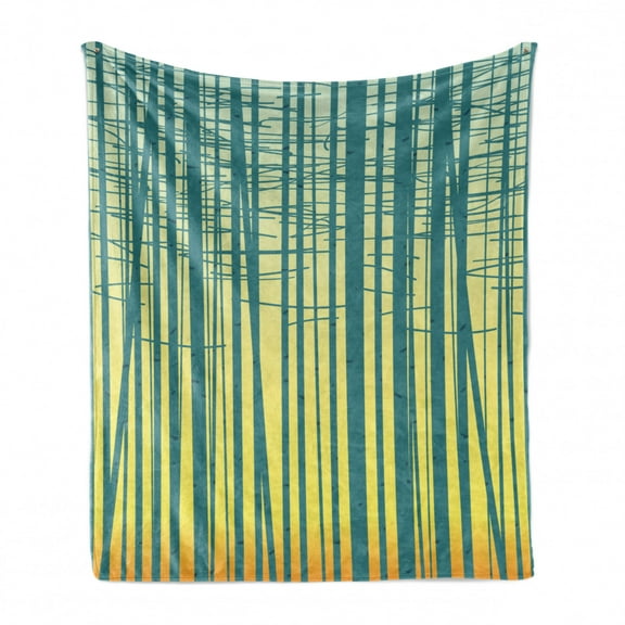 Abstract Soft Flannel Fleece Throw Blanket, Forest Tree Branches Gradient Sunset Print, Cozy Plush for Indoor and Outdoor Use, 70" x 90", Petrol Blue Pale Orange, by Ambesonne