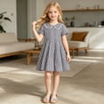 thumbnail image 2 of Girls Short Sleeve Gingham Plaid A-Line Dress Lace Peter Pan Collar Flared Summer Sundress Kids Daily Outdoor Casual Princess Dress(Black,7-8 Years), 2 of 7