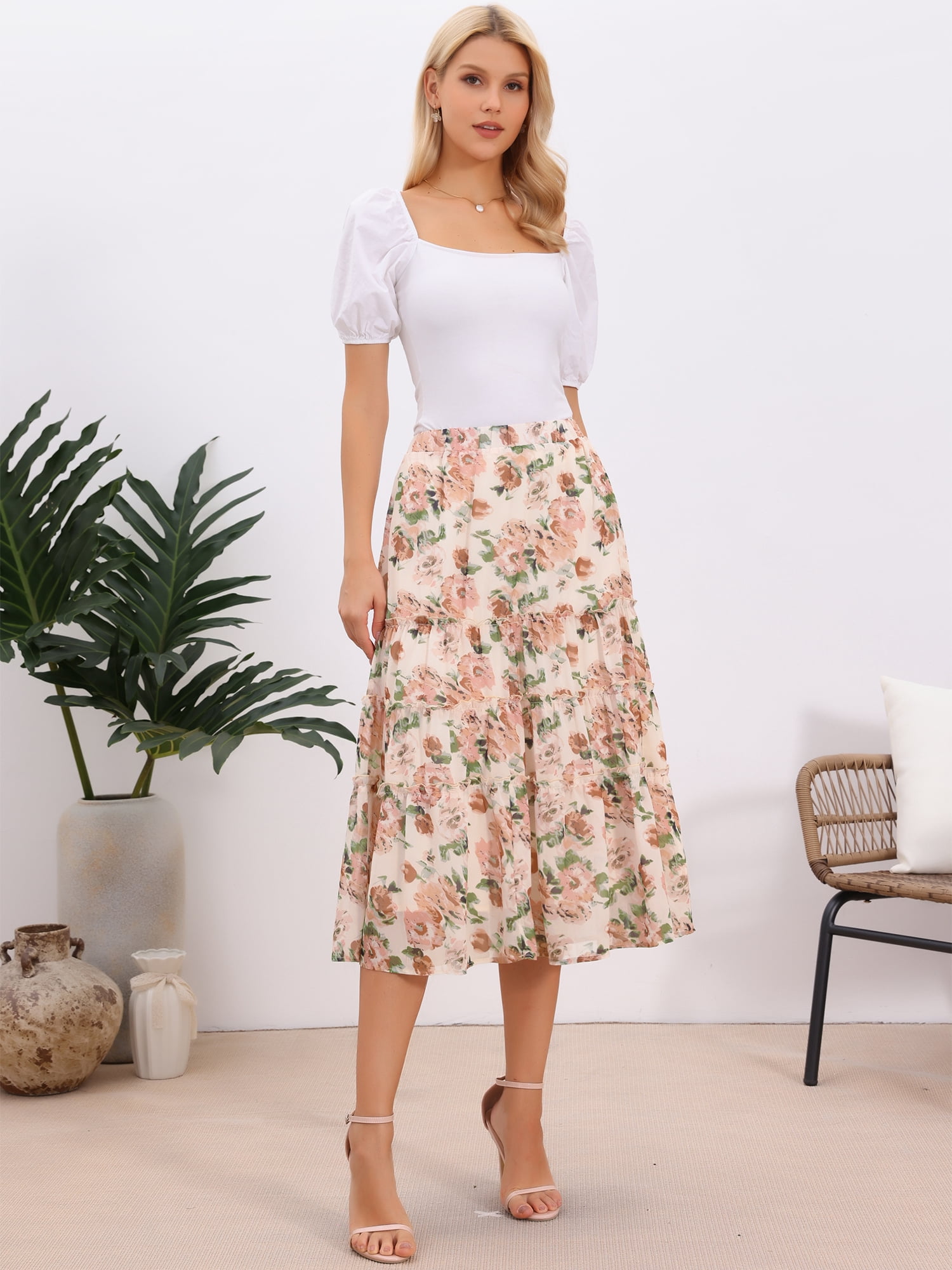 DARING DIVA Women's Floral Chiffon A-line Long Tiered Ruffle Maxi Skirt S Apricot