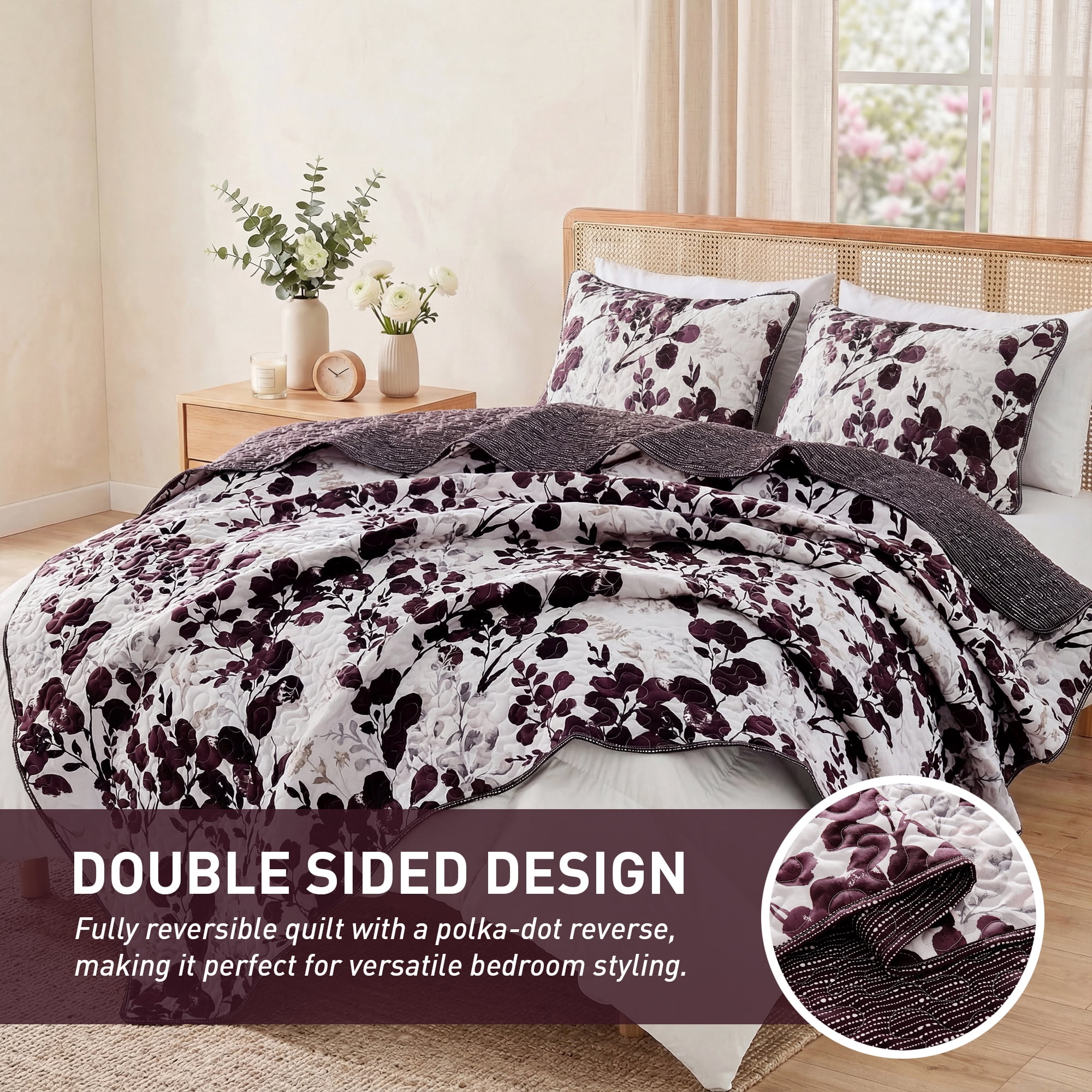 Regency Heights Full/Queen Botanical Quilt Set, 3-Piece Reversible Floral Summer Quilt Coverlet Bedding Set, Plum Quilted Bedspread with Shams for All Season